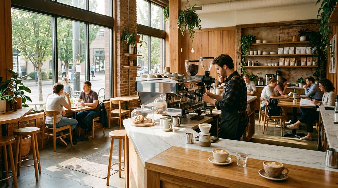 Warm inviting Roast & Ritual coffee shop interior with espresso machine and natural light