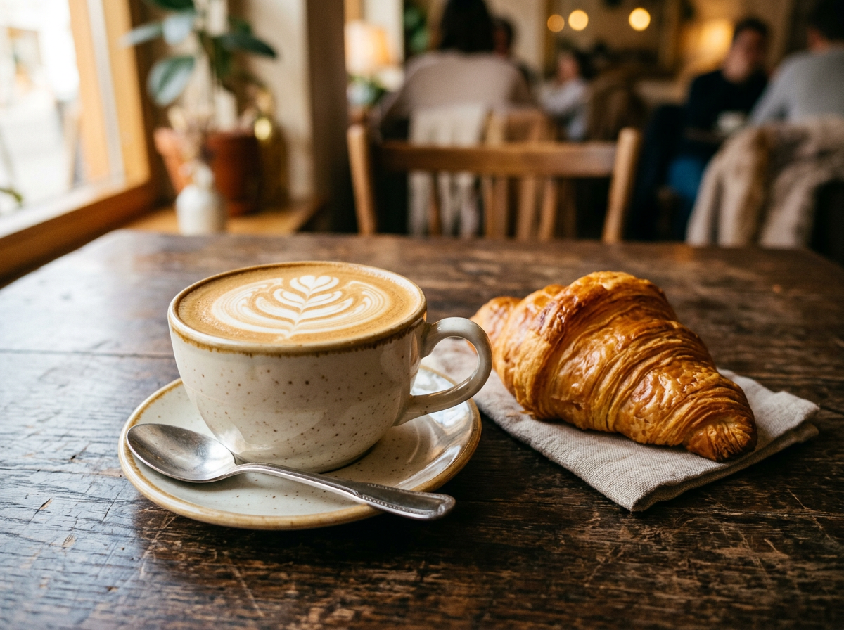 Handcrafted cappuccino with delicate latte art and flaky golden croissant on dark oak table